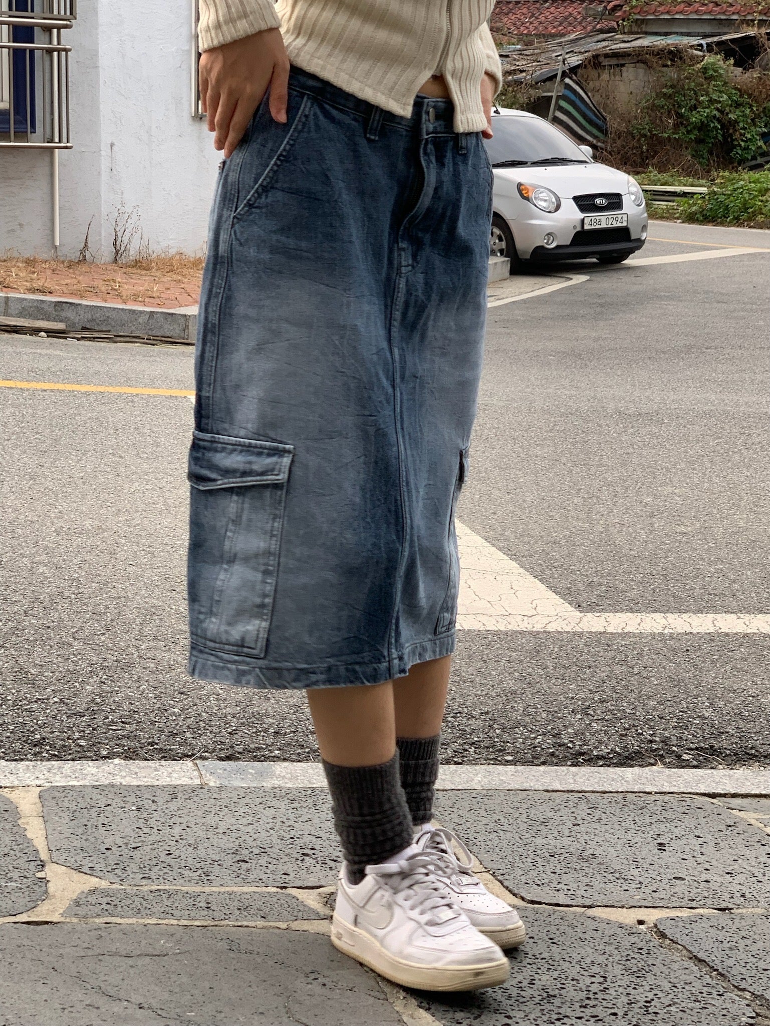 vintage cargo denim midi skirt