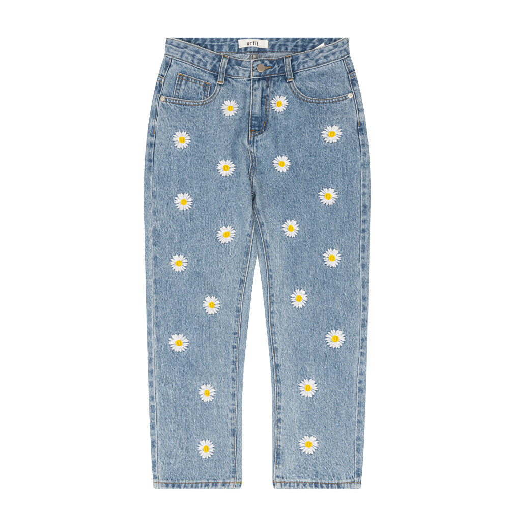 IZ*ONE CHEWON, LOVELYZ KEI, ROCKET PUNCH YEONHEE WORN STRAIGHT FIT FLOWER EMBROIDERY DENIM PANTS [6663]