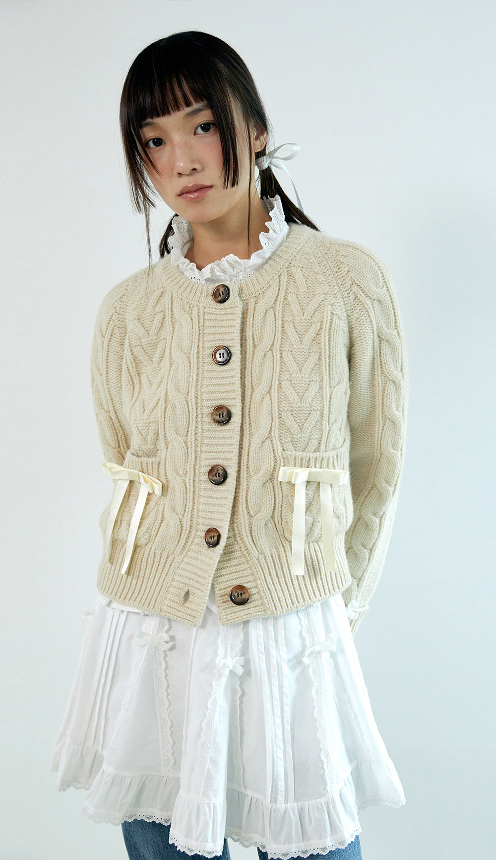 ribbon wool cable cardigan_ivory