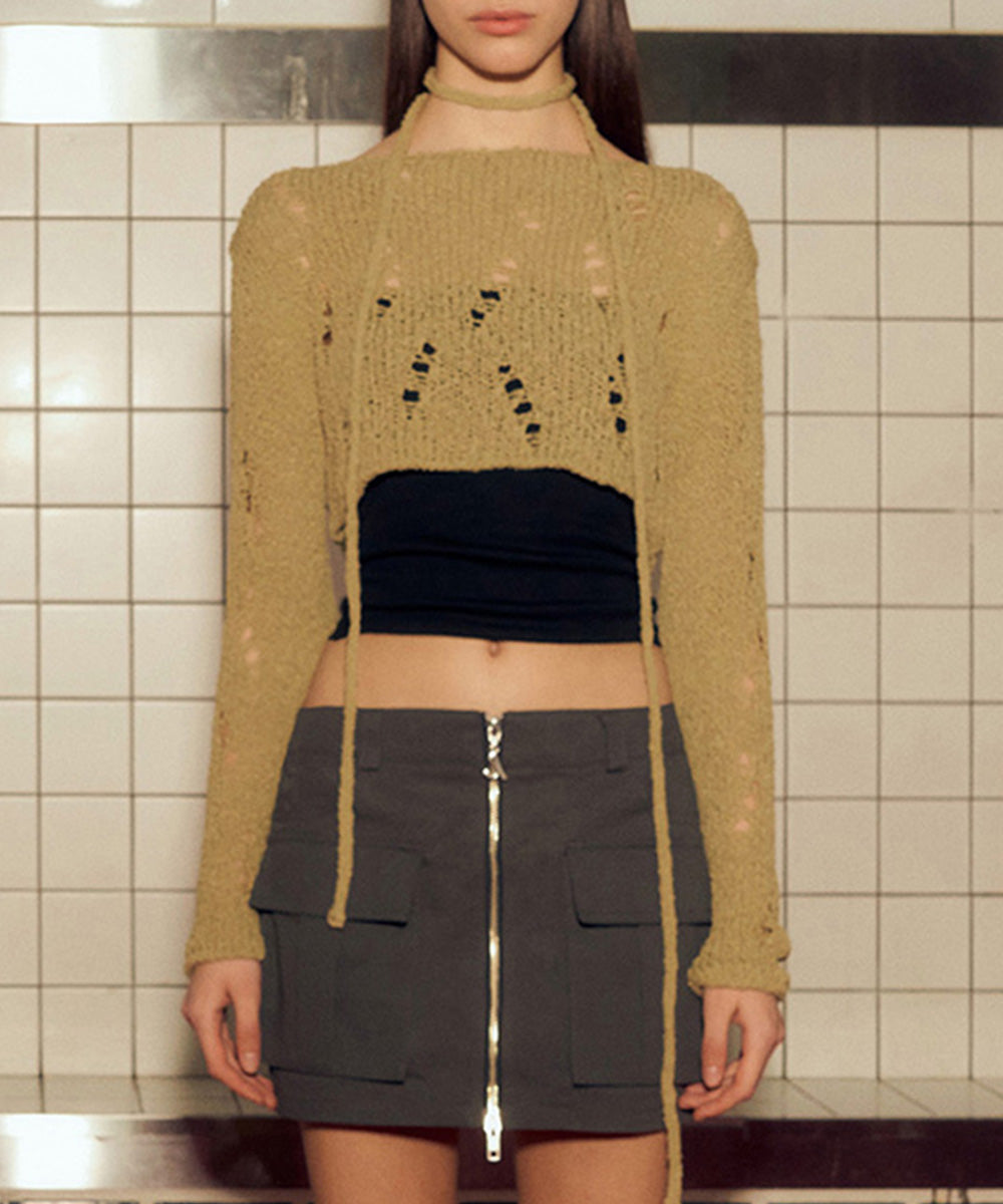 NETTING CROPPED SWEATER (LIGHT KHAKI)