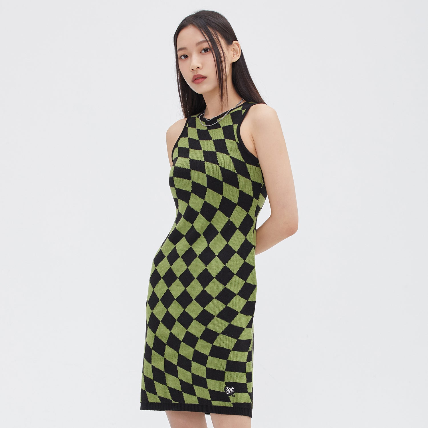 CHECKERBOARD KNIT ONEPIECE(GREEN)