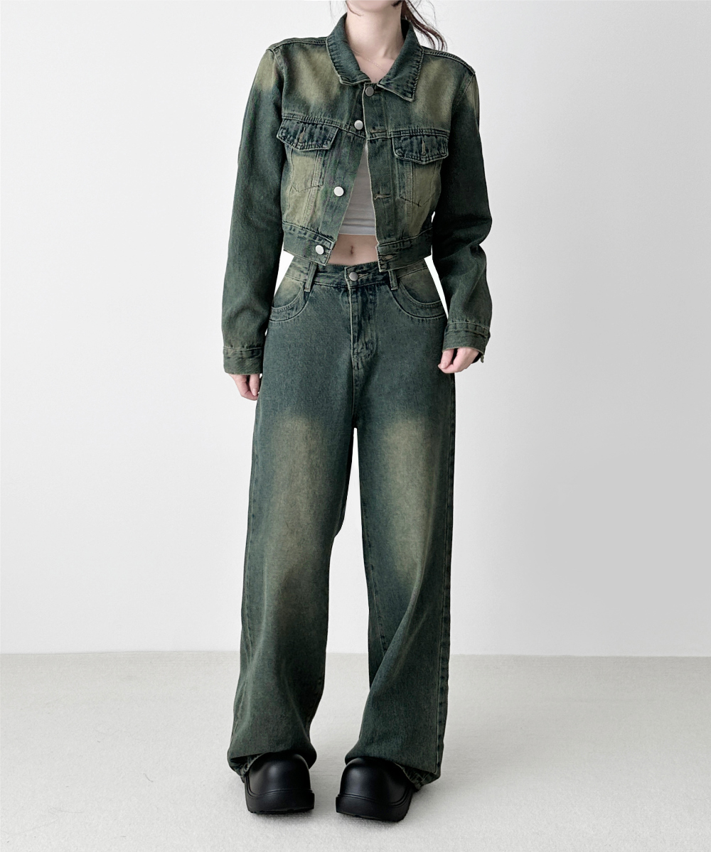 (SET) Washed Denim Crop Jacket Wide Pants Two Piece