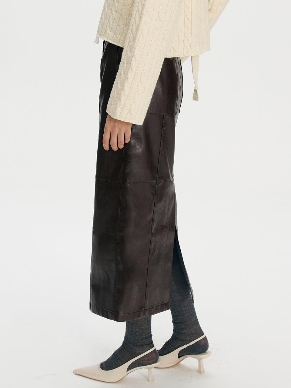 Fake leather stitch long skirt - Wine