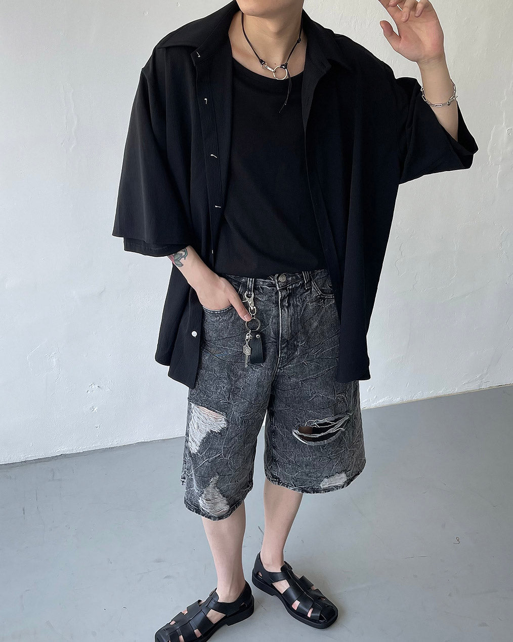 Pulse putty vintage denim Bermuda pants (Black)