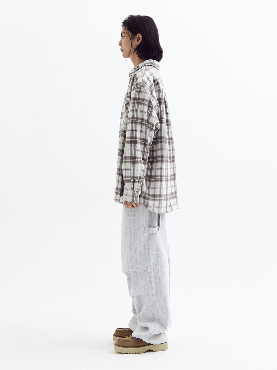 Loose wool check shirts Beige