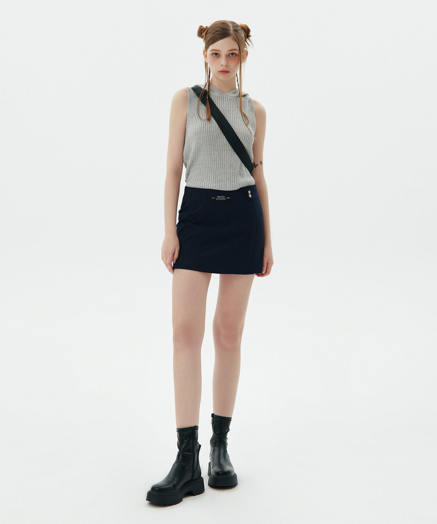 Panelled Snap Mini Skirt, Navy