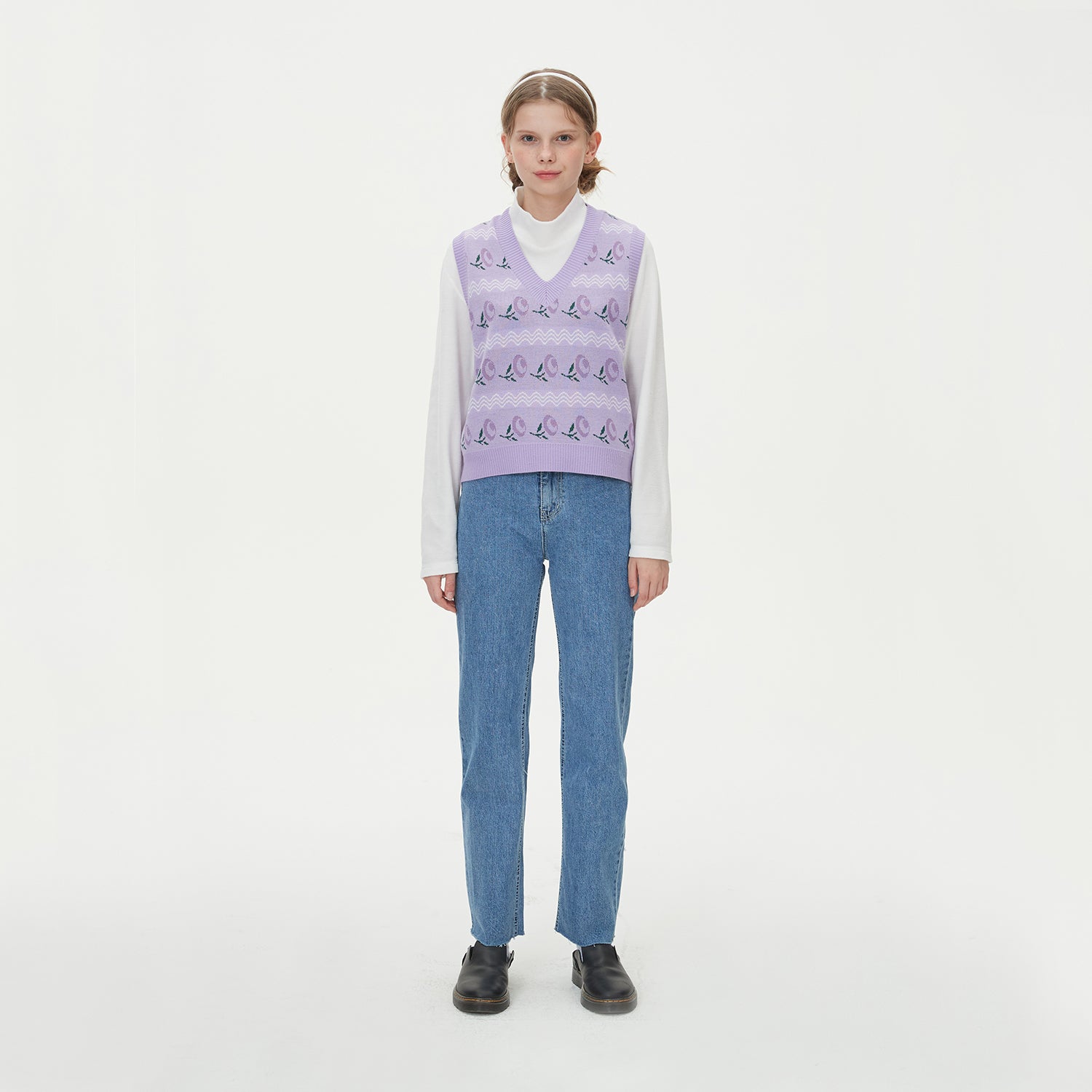 WAVE FLOWER JAQUARD KNIT VEST_PURPLE