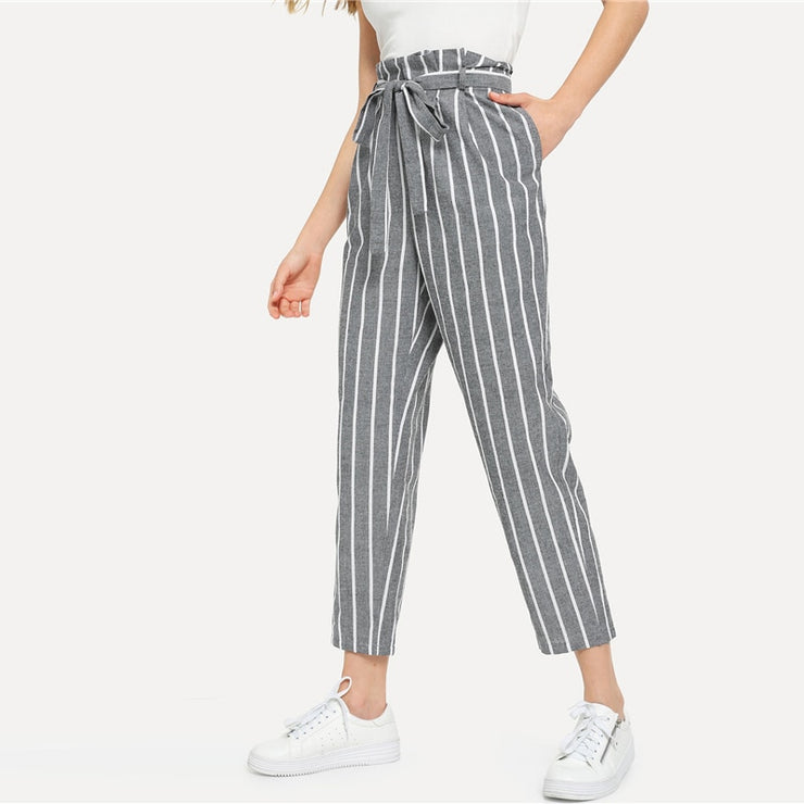 belted striped high waisted tapered pants