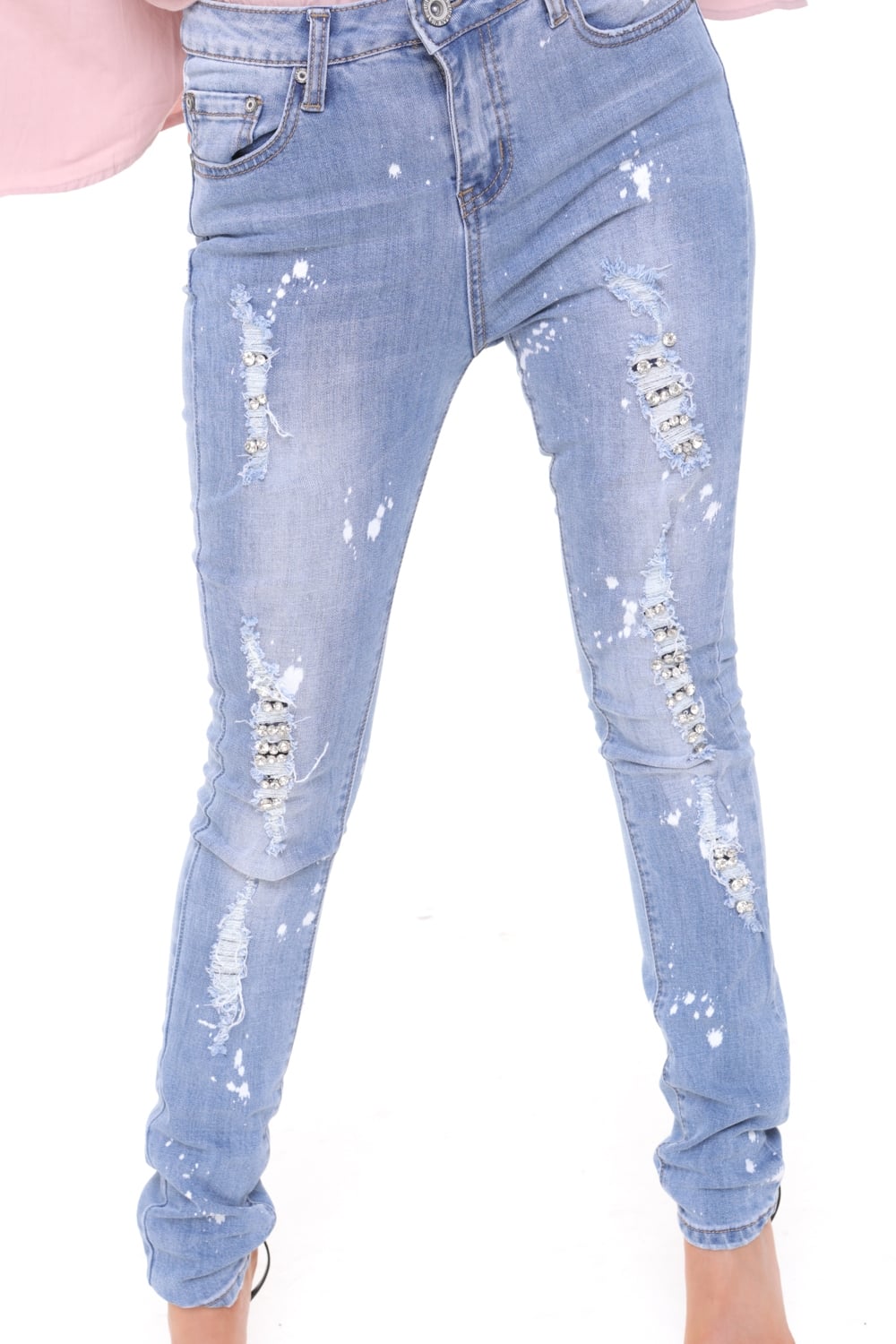 Ripped Diamante Jewel Detail Skinny High Waist Jeans Urban Mist Uk 