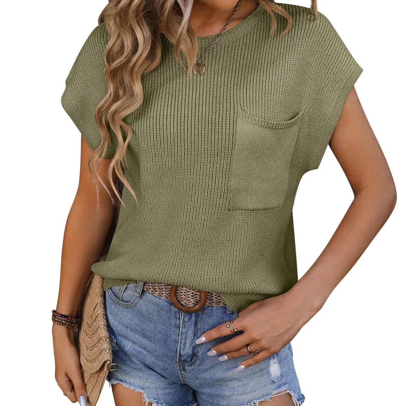 Crewneck Pocket Trim Top Short-Sleeved Sweater
