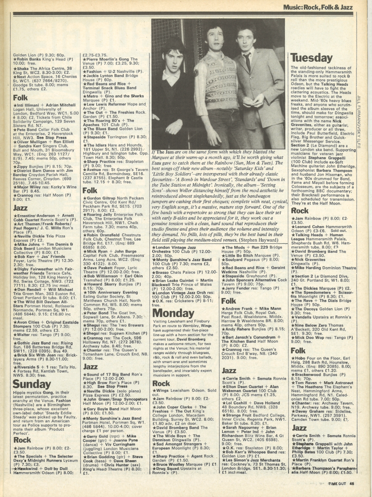 The Jam Anglozine Time Out gig guide 1978