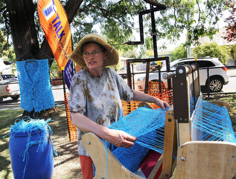 Grietje van Randen weaving blue fabric to form a scarecrow | Sally Ridgway | Shop Wool, Felt and Fibre Online