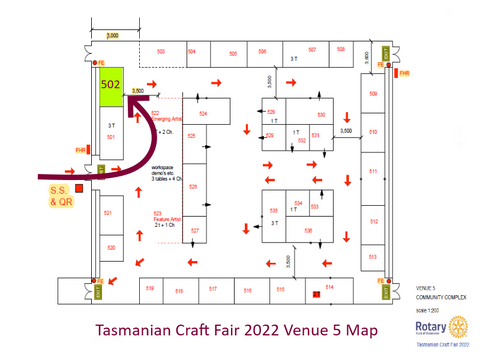 floor map of venue 5 at the Tasmanian craft fair 2022 with Sally Ridgway's location marked on it.