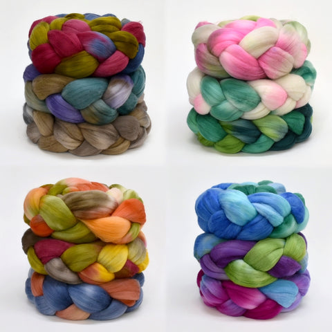 4 stacks of braided hand dyed merino wool tops in various colours for felting and spinning