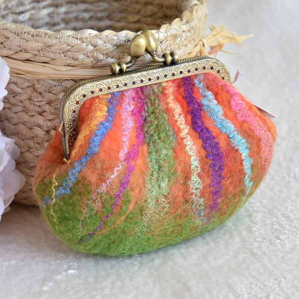 Hand Made Wool Felted Coin Purse in Orange and Green 13433| Coin Purse | Sally Ridgway | Shop Wool, Felt and Fibre Online
