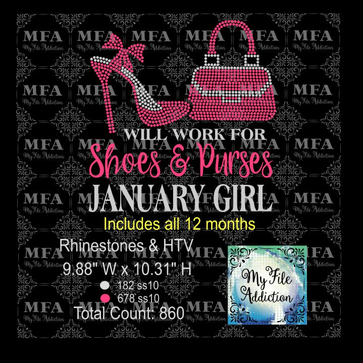 My File Addiction - Will Work for Shoes & Purses Birthday Girl Rhinestone &  Vector Digital Download