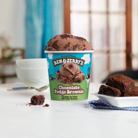 a pint of ben jerry chocolate fudge brownie ice cream made with greyston bakery brownies