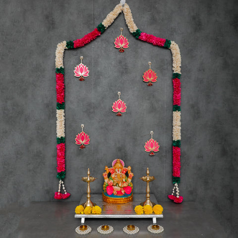 Ganpati Decoration Ideas With Lotus Flowers & Garlands