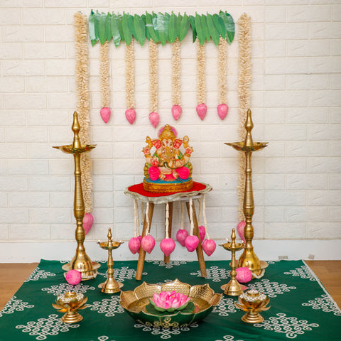 Ganesh Chaturthi Decoration Idea with shola wood Lotus hangings