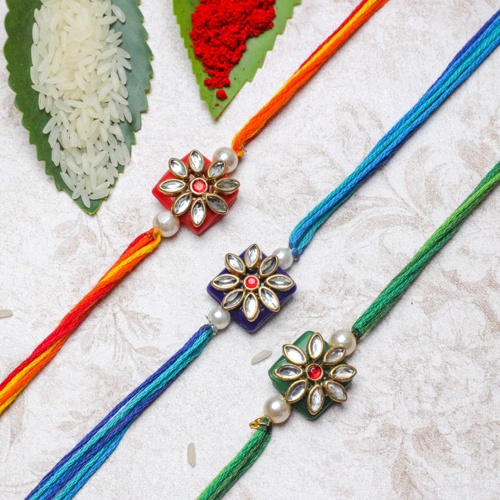 Set of 3 Colorful Kundan Rakhis - Rakhsha Bandhan – Desi Favors