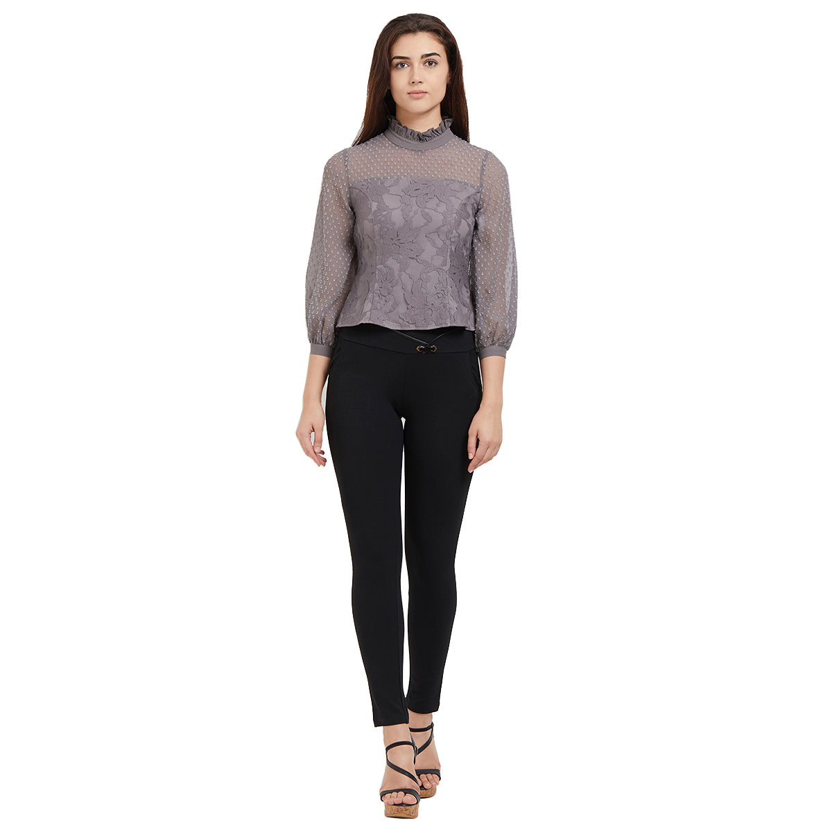 Grey High Neck Lace Top - 109F.com