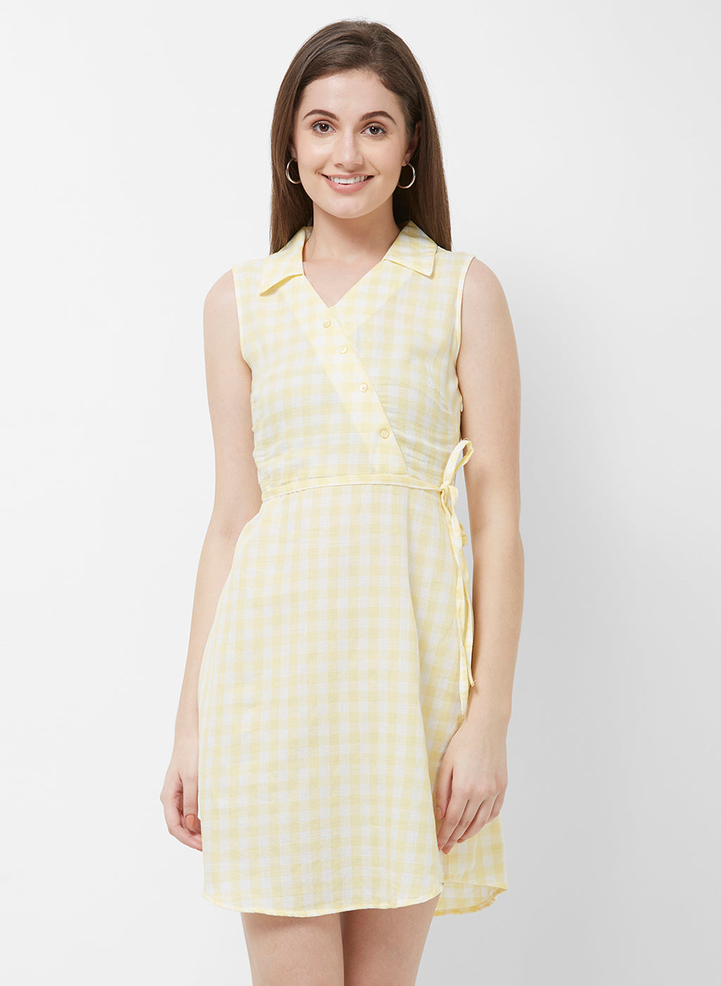 Yellow Checkered Sleeveless Dress - 109F.com