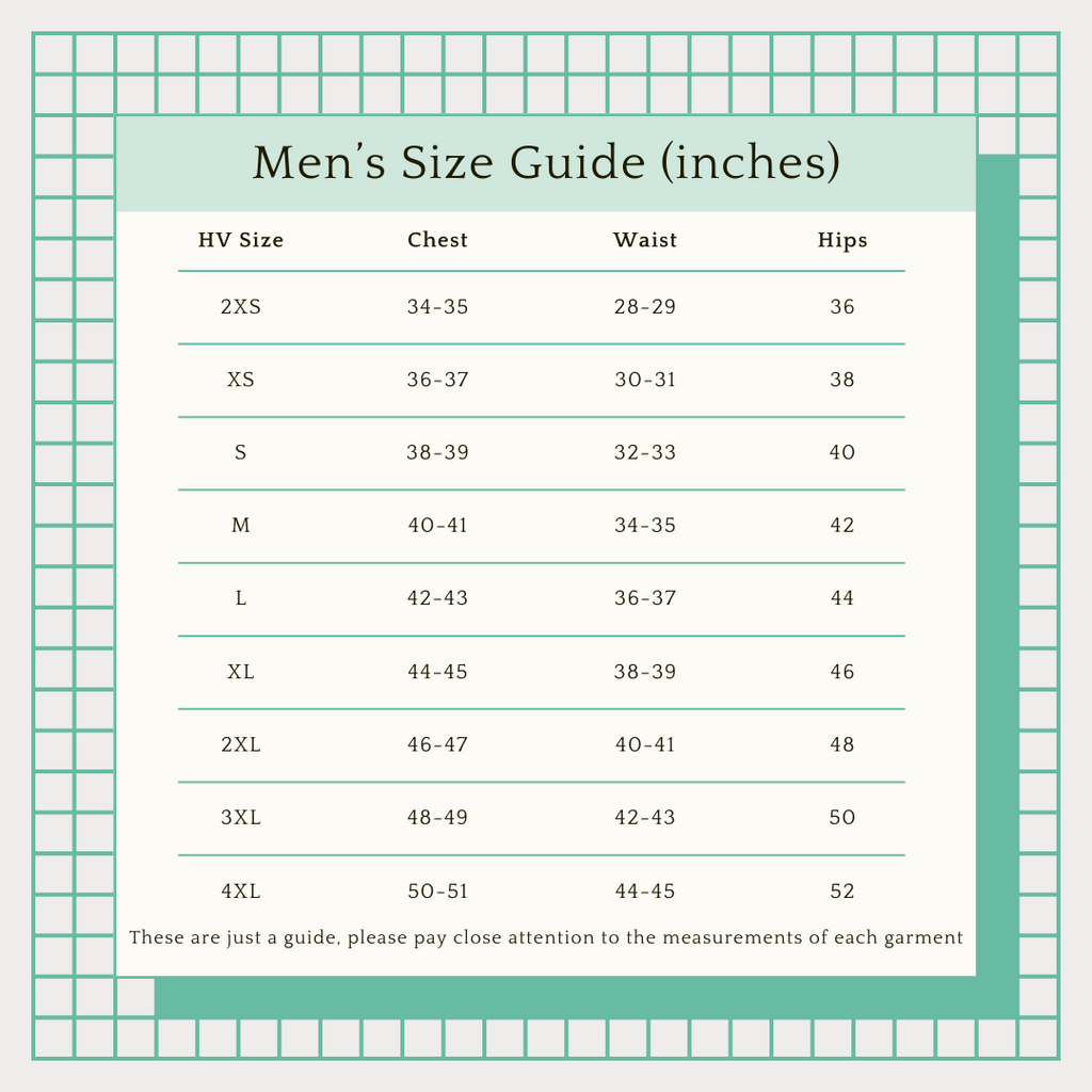 chart showing sizes of honeykins vintage mens clothes