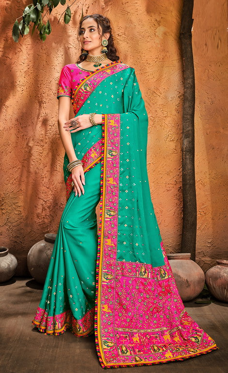 Firozi And Pink Color Turban Silk Saree With Resham Mirror And Diamond Heavy Work Bridal Wear