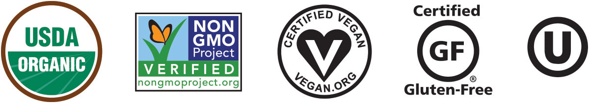 Five logos in a row, the first is USDA irganic, the second is verefied nongmoproduct.org, the third is vegan.org, the fourth is gluten free, the fifth is, U dumy