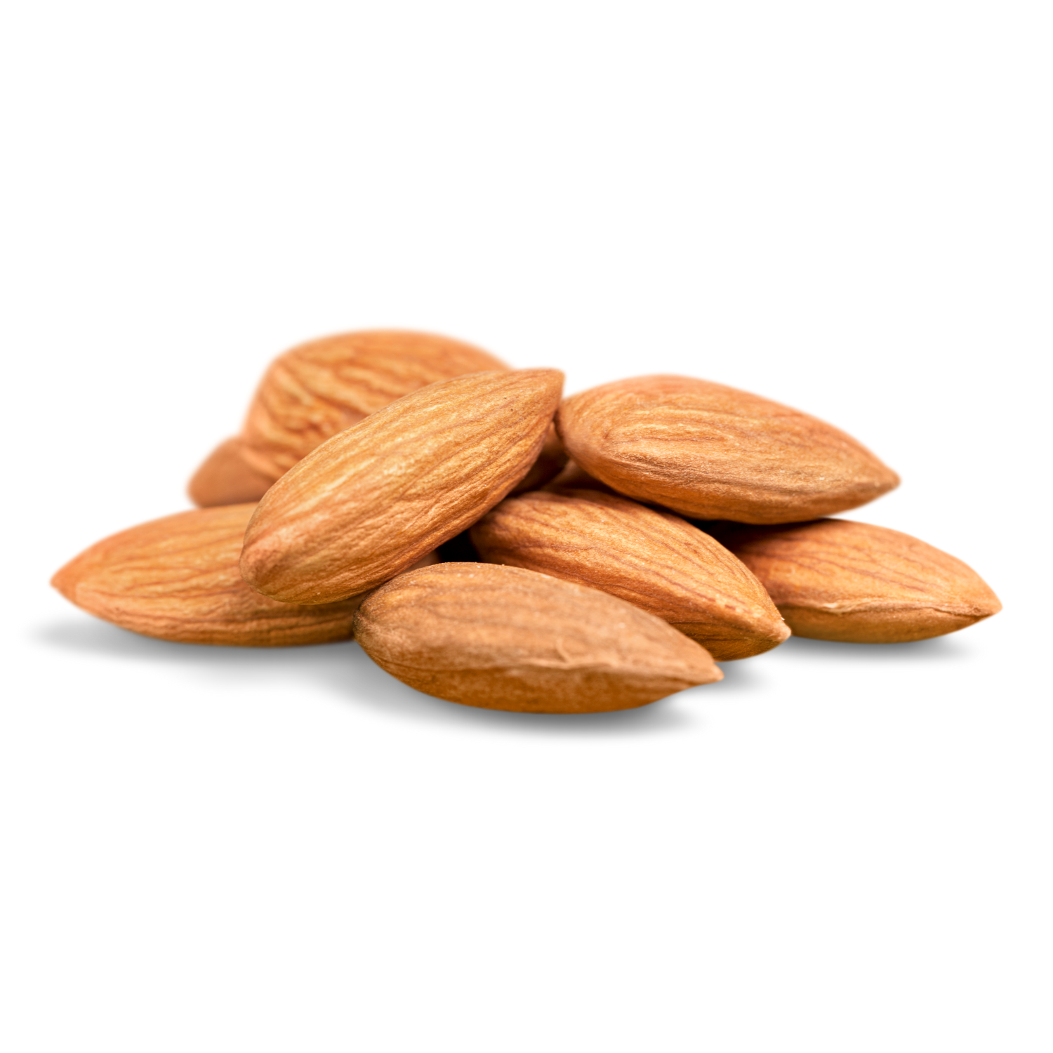 A pile of whole almonds on a white background
