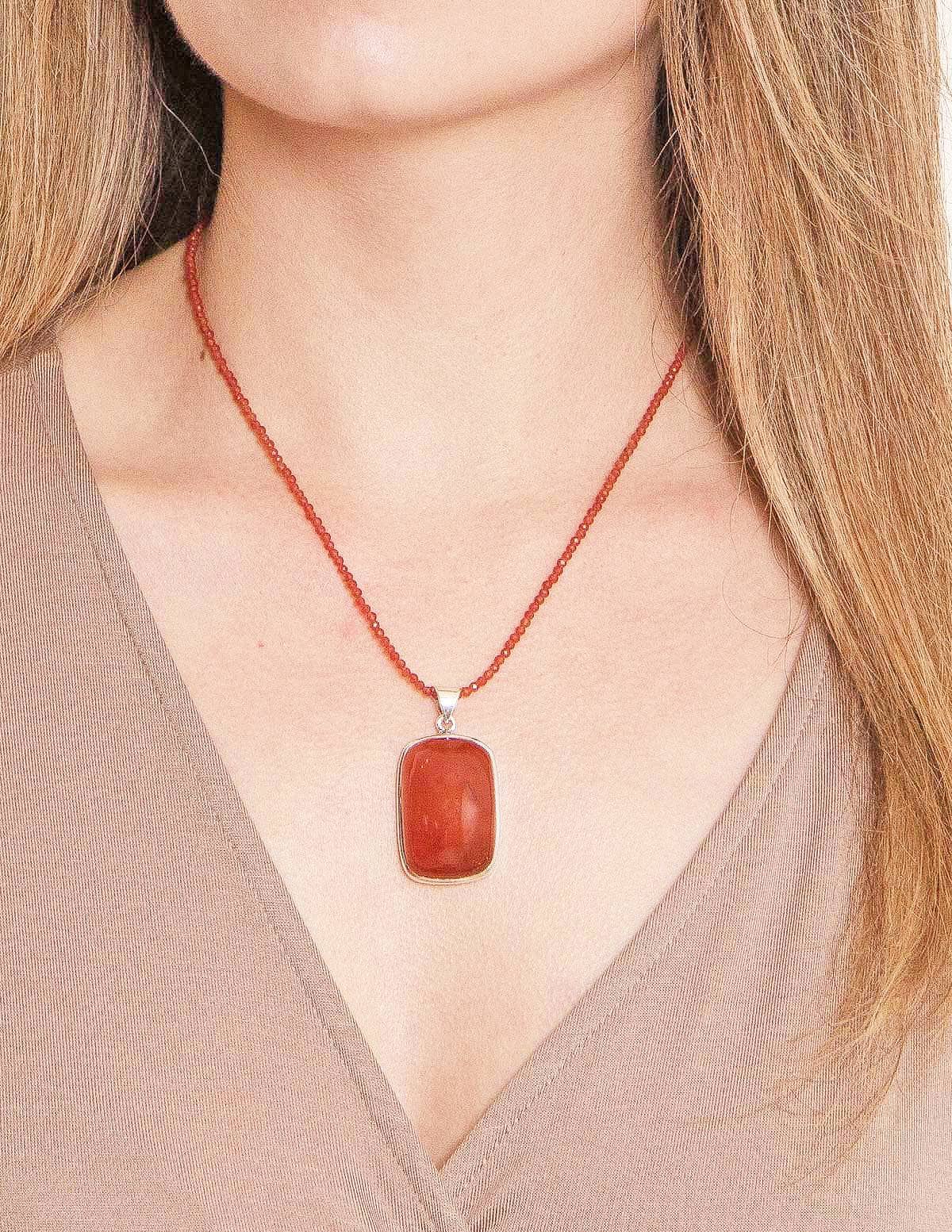 Carnelian Rectangle Shaped Beaded Pendant Necklace - One of Kind