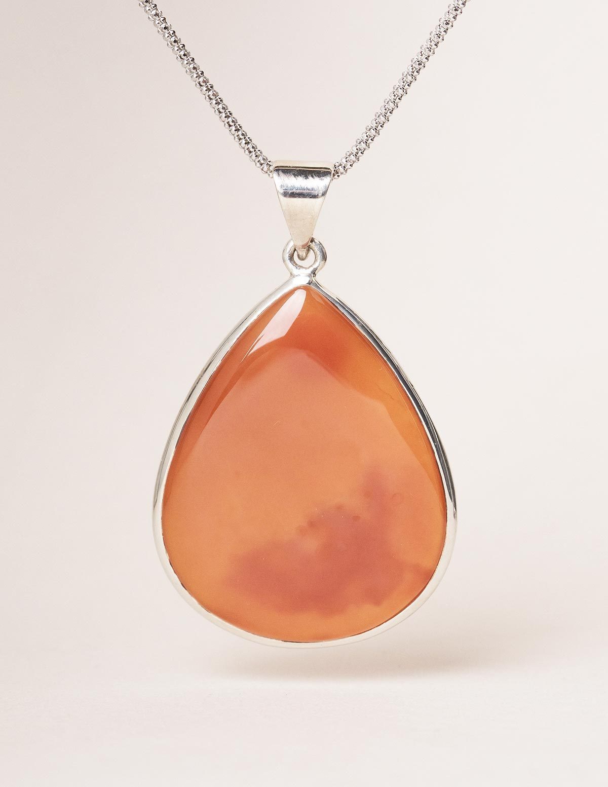 Carnelian Teardrop Pendant - 24" Silver Rhodium Chain