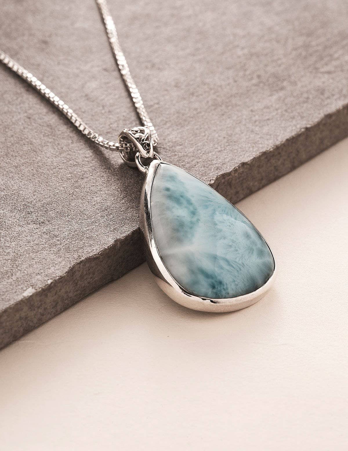 Larimar Teardrop Pendant - 30 inch Silver Chain