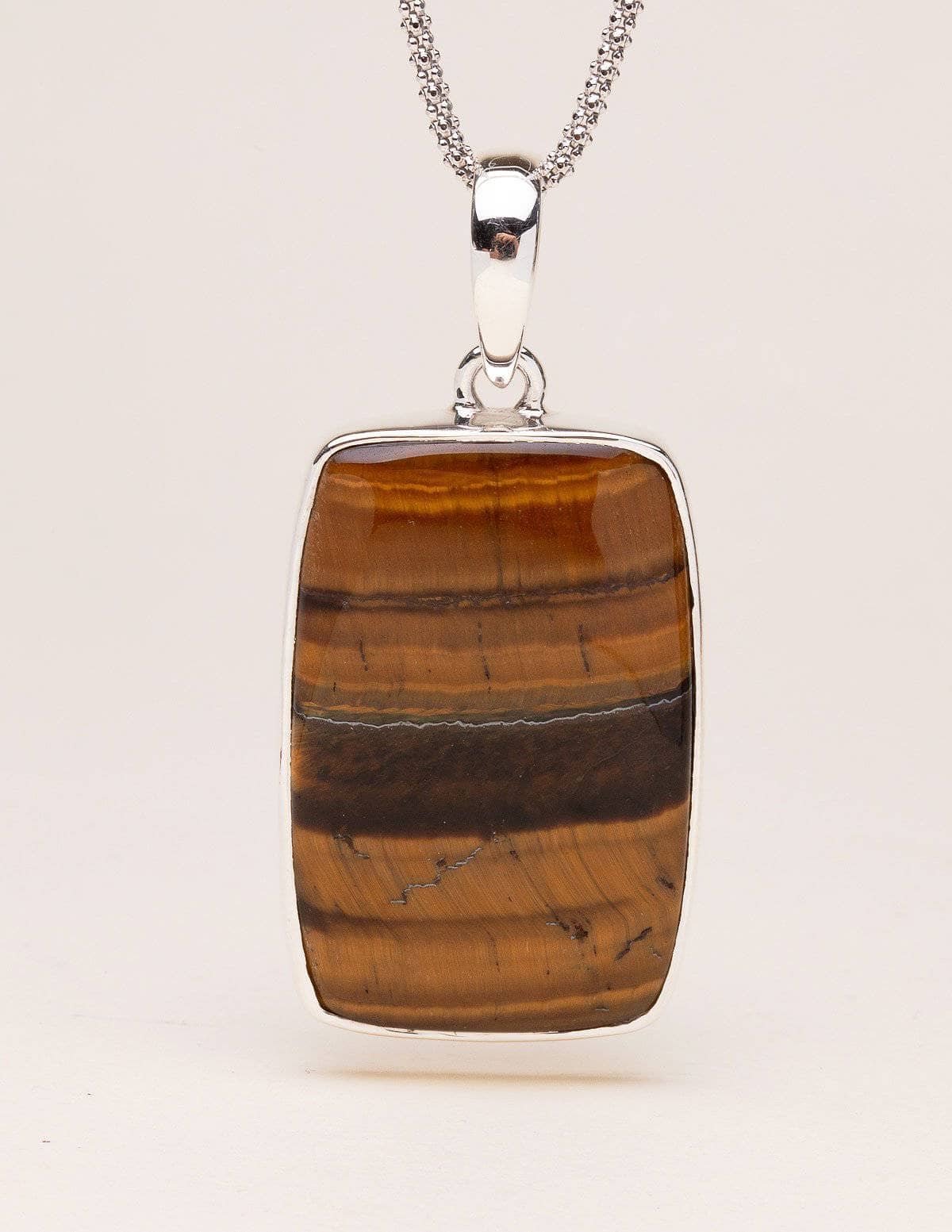 Tiger Eye Pendant Necklace - 24 inch Silver Rhodium Chain