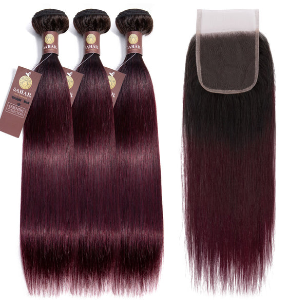 Midnight Red Remy Human Hair Bundle With Closure Straight Dip Dye 12 14 16 14 Closure