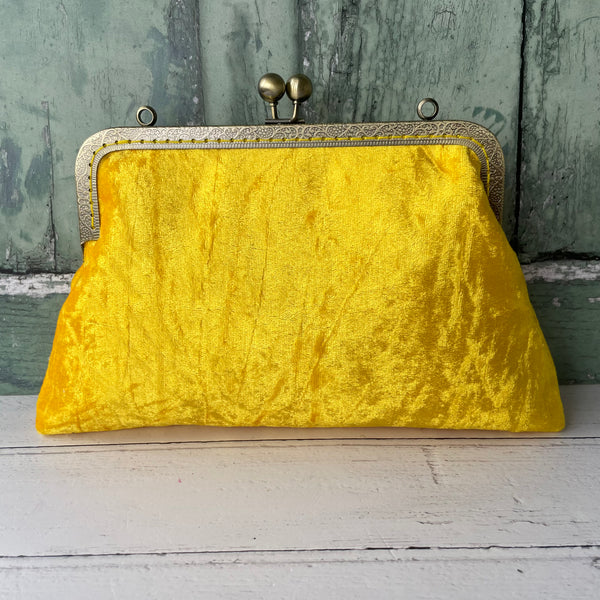 Sunflower Yellow Crushed Velvet 8 Sew-In Bronze Clasp Purse Frame Clutch Bag