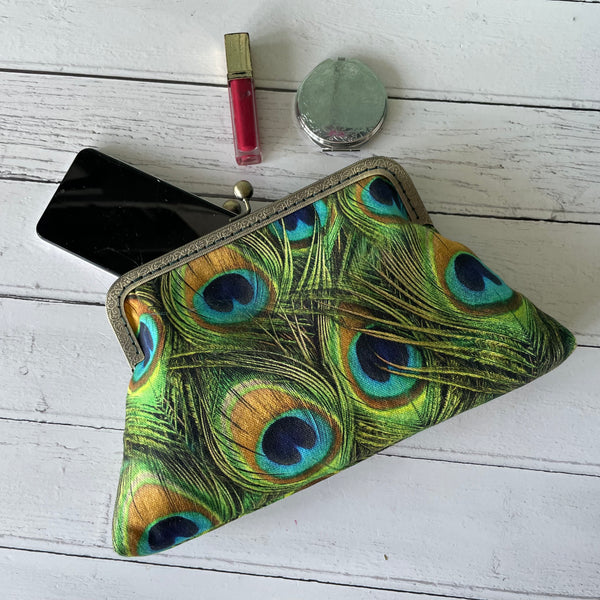 Green Peacock Feathers Cotton 8 Sew-In Bronze Clasp Purse Frame Clutch Bag