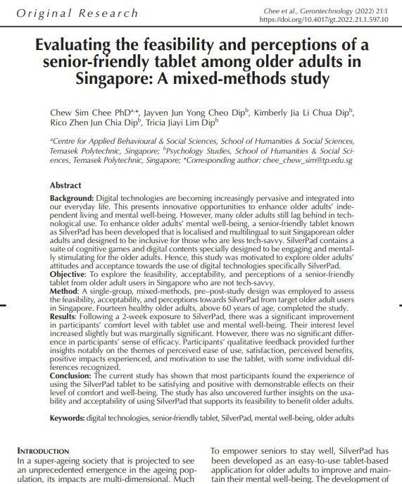 Evaluating the feasibility and perceptions of a senior-friendly tablet among older adults in Singapore: A mixed-methods study
