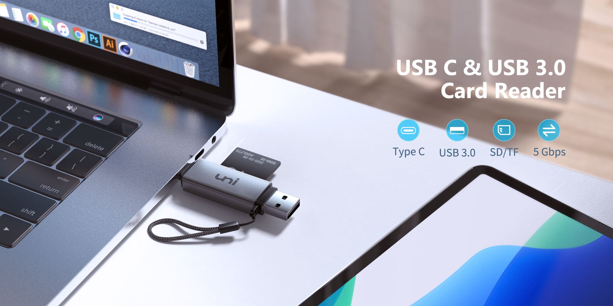 uni® Aluminum USB-C SD & MicroSD Card Reader | UHS-I Speeds | iPad Pro, MacBook, Camera Card Compatible
