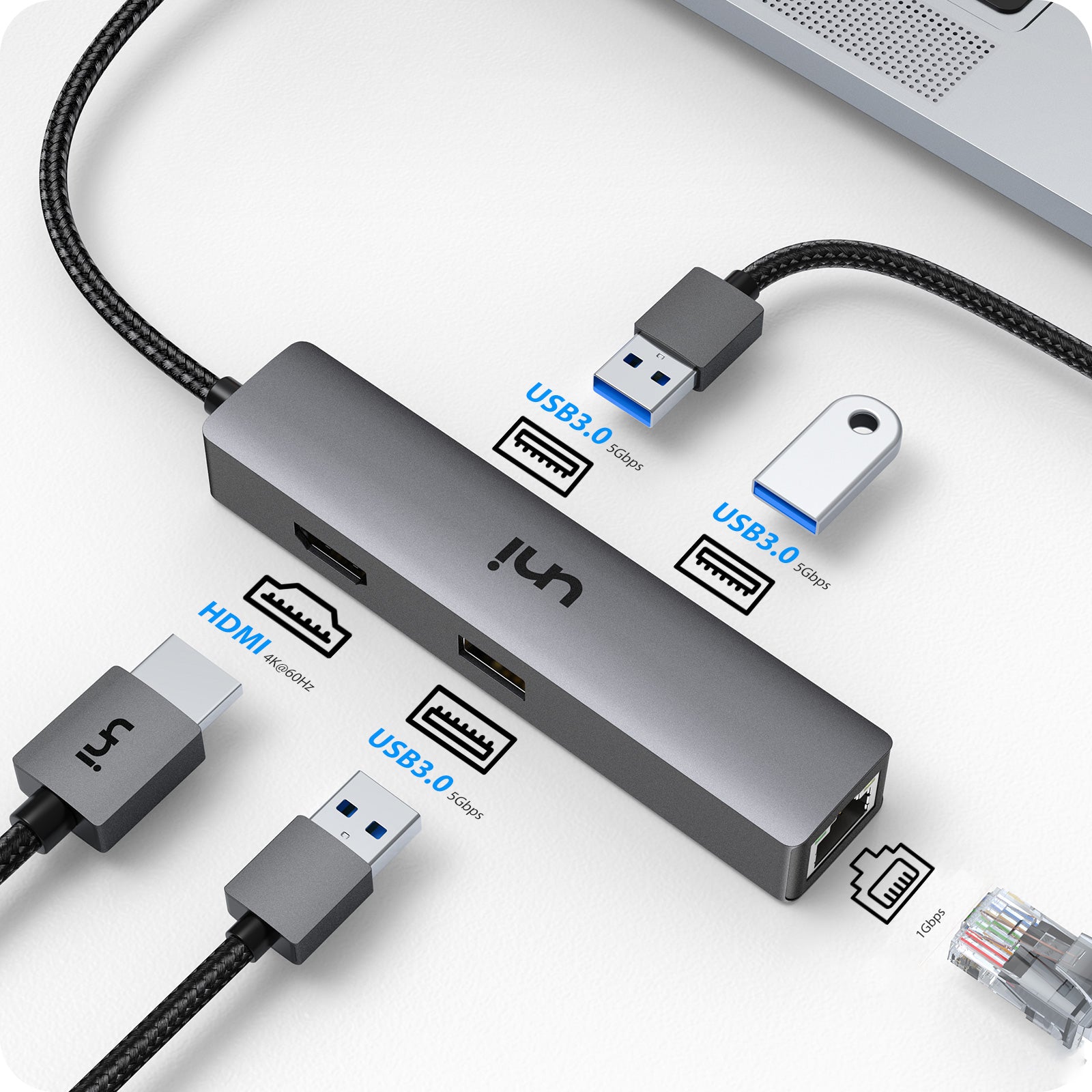 C Hub 4K HDMI, USB Type C Adapter USB 3.0 | Ethernet 1G | uni®