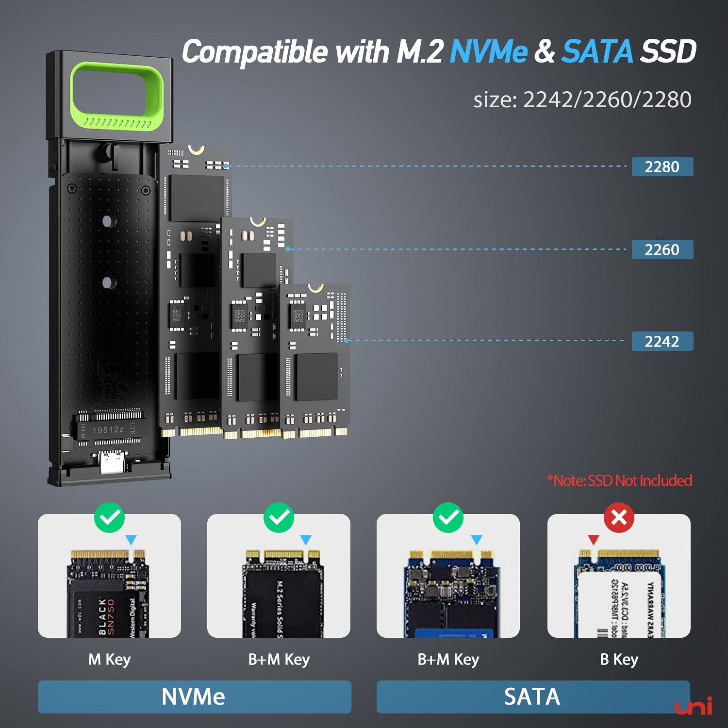 espada cafetería hígado uni® M.2 NVME SATA SSD Enclosure Adapter Reader | 10Gbps USB Type-C  Connector