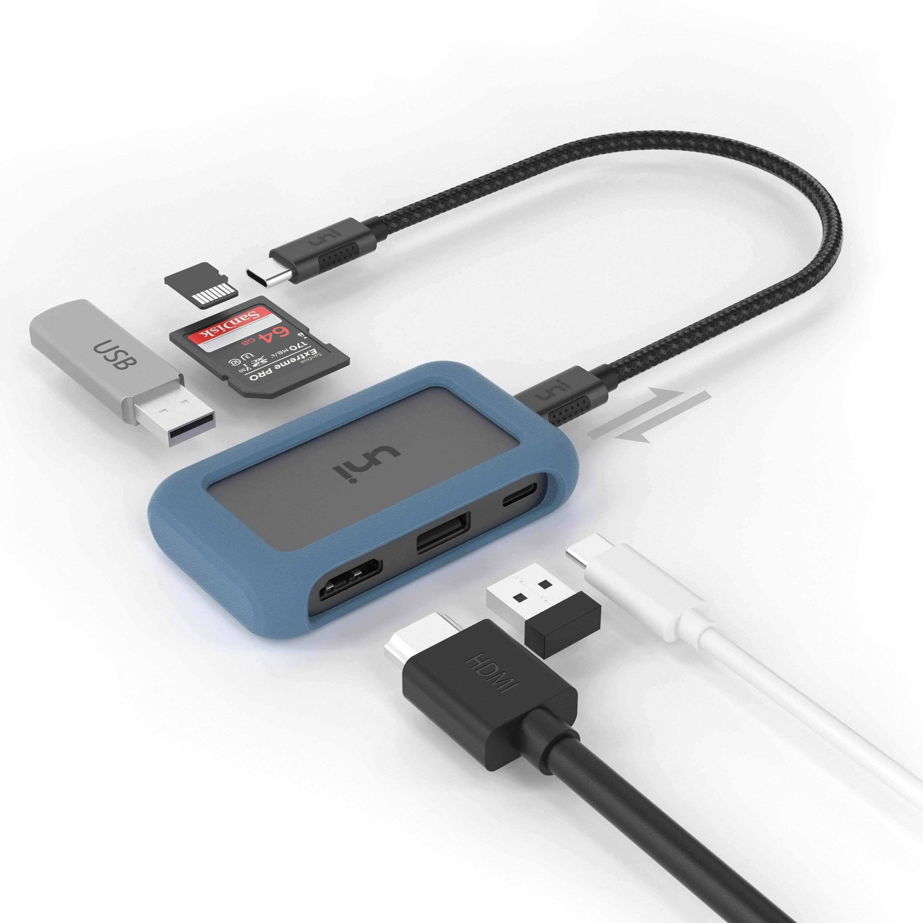 uni® USB C 6-in-1 Hub, 100W Power Delivery, 4K HDMI, Dual Card Reader | Compact &