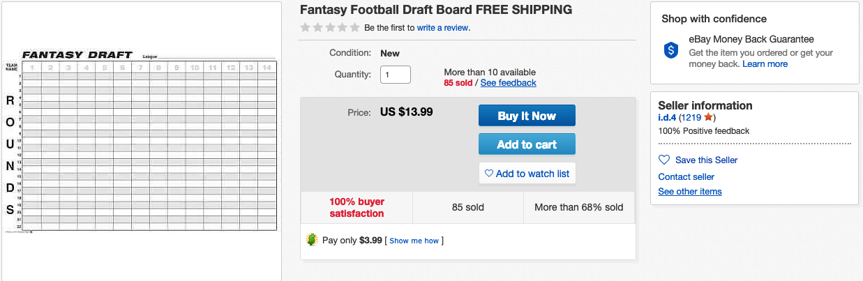 ebay fantasy football draft board