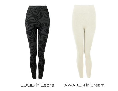 prism squared lucid leggings in zebra and awaken leggings in cream 