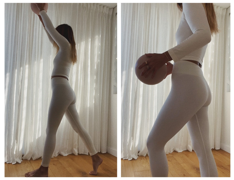 Angie Smith wearing Equilibrium top in Cream and Awaken leggings in Cream