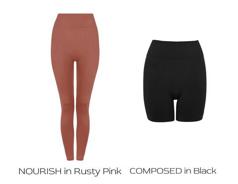 prism squared nourish leggings in rusty pink and composed shorts in black 