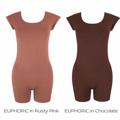 prism squared euphoric shorts unitard in rusty pink and chocolate brown