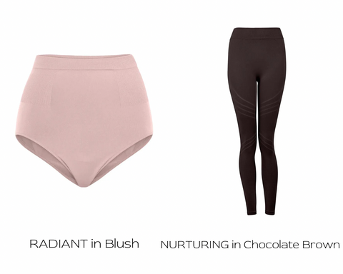 prism squared radiant top in blush and nurturing leggings in chocolate brown