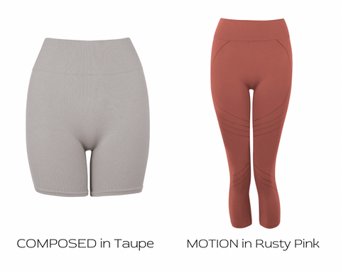 prism squared composed shorts in taupe and motion leggings in rusty pink 