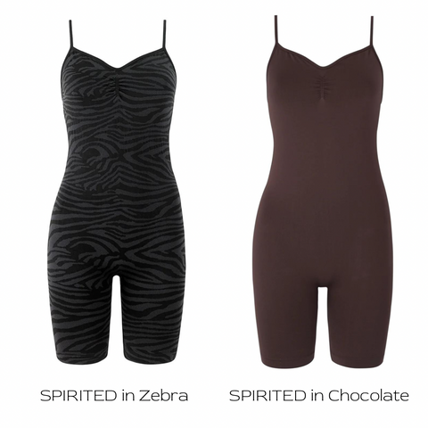 prism squared spirited shorts unitard in zebra and chocolate brown 